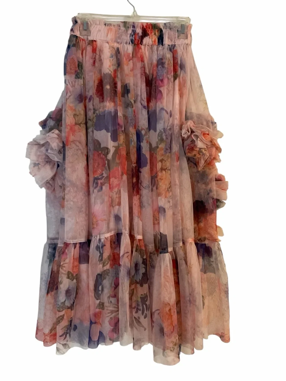 Maeve 3-D Tulle Floral Pink Tiered Tulle Midi Skirt